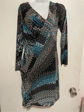 Long Sleeve Teal & Black Printed Wrap Dress